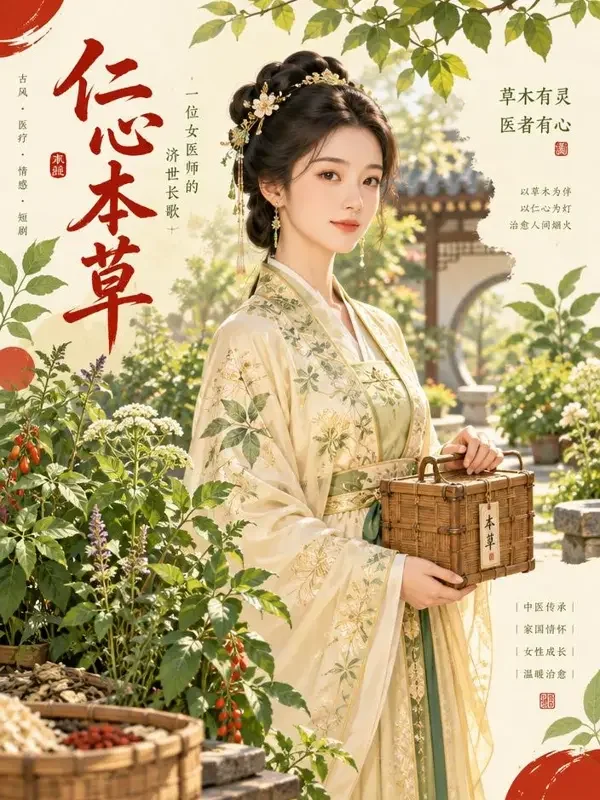 AI漫剧在线《天才医妃》封面海报，古院中执药的医女