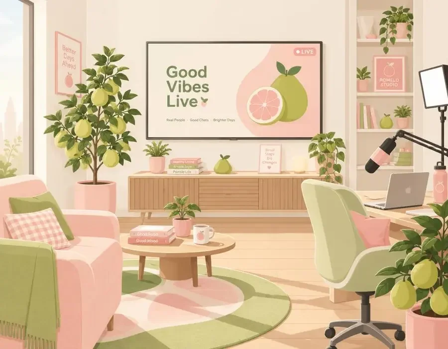 AI漫剧在线团队创作空间插画，屏幕与柚子树盆栽